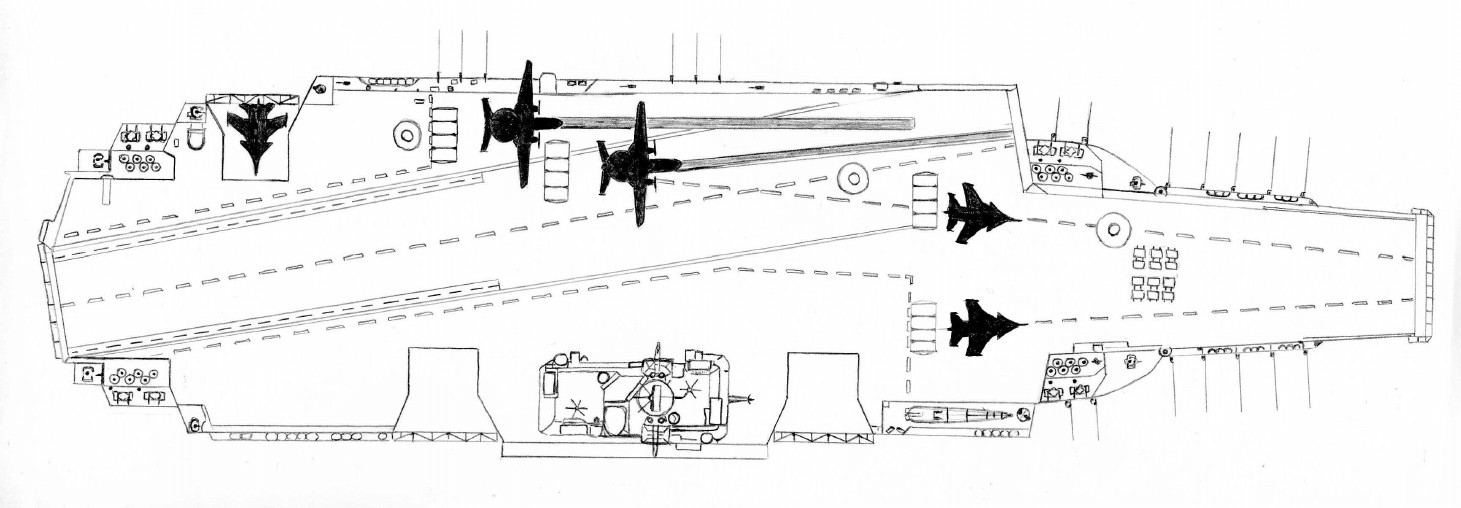 Uljanowsk w rzucie górnym. Do startu z rampy przygotowana para Su-33, tymczasem na katapultach stoją dwa samoloty Jak-44 (К.Е.Сергеев, Creative Commons Uznanie autorstwa – Na tych samych warunkach 3.0)