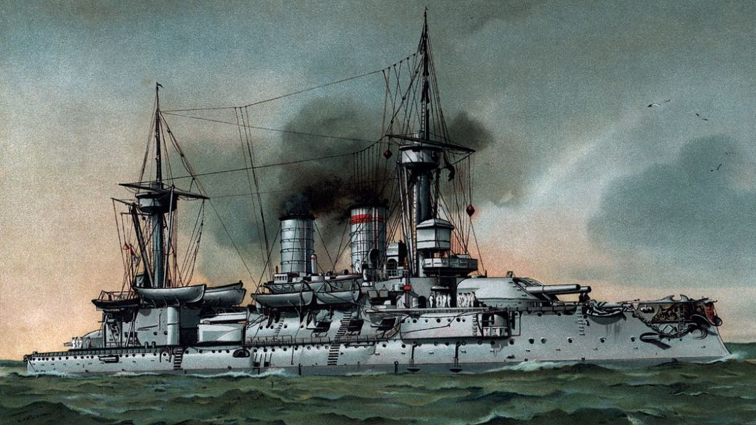 Jeden z najwcześniejszych pancerników, zwodowany w 1891 roku niemiecki SMS Kurfürst Friedrich Wilhelm (tu na litografii Hugona Grafa), miał wyporność 10 670 ton i był uzbrojony w sześć dział kalibru 280 mm