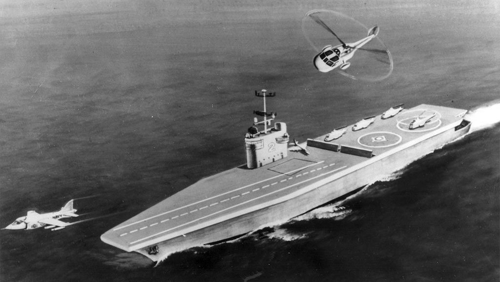Jeden z wariantów wizji Sea Control Ship z 1974 roku, którego pomysł wykorzystano później przy opracowaniu używanego w latach 1988–2013 hiszpańskiego lotniskowca Príncipe de Asturias (US Navy via Defense Media Network)